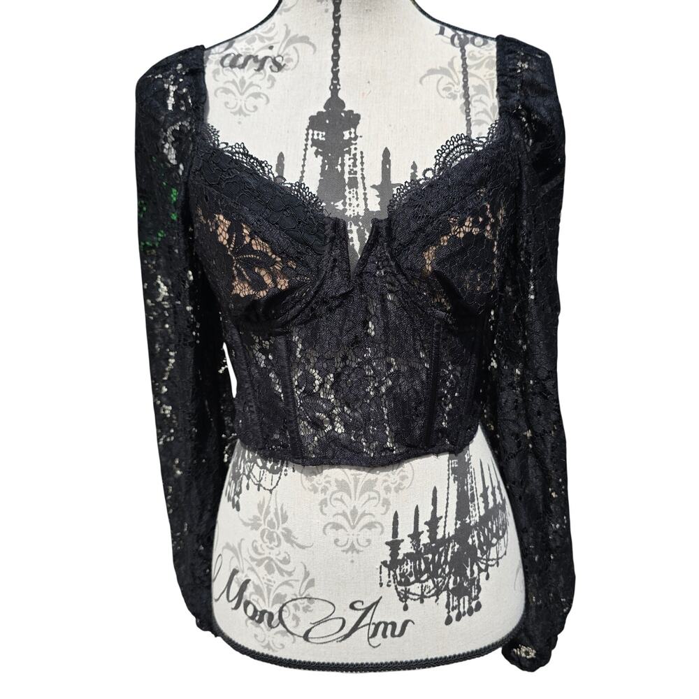 Lush Witch Goth Black Lace Long Sleeve Crop Top Corset Size M